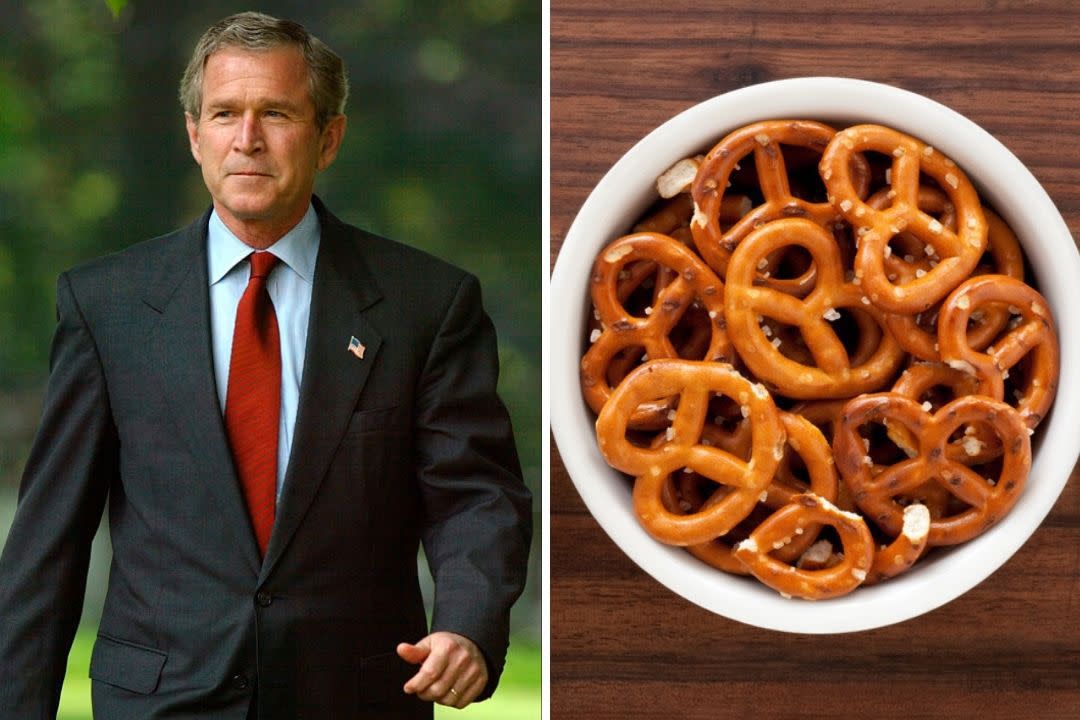 Composite: George Bush and bowl of pretzels