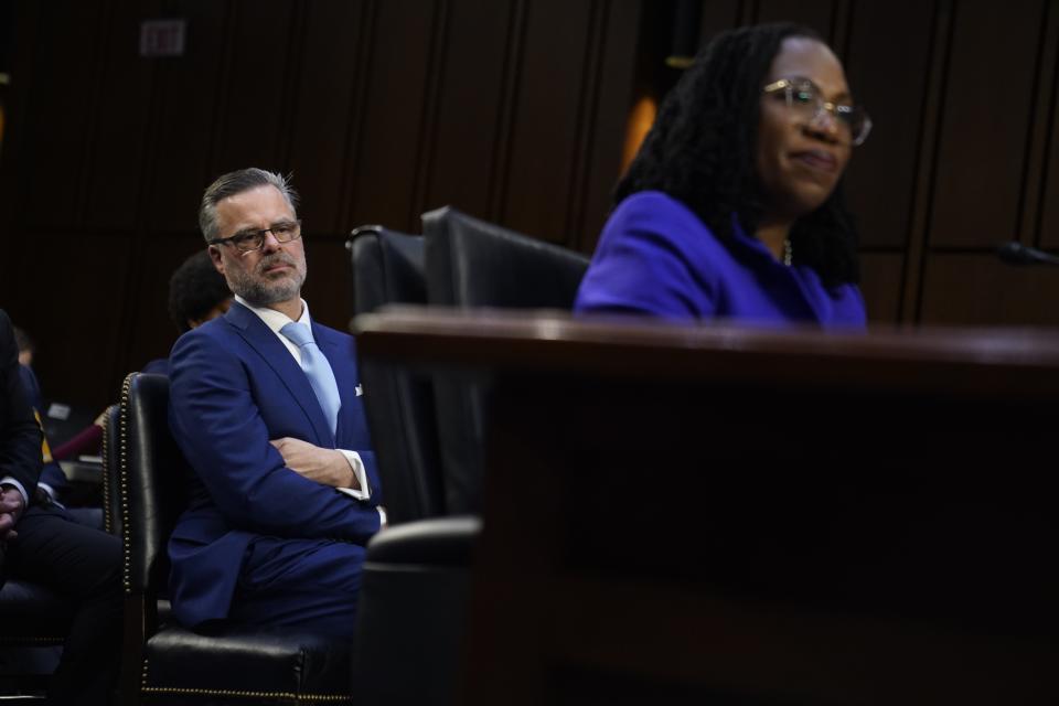 Dr. Patrick Jackson, the husband of Supreme Court nominee Ketanji Brown Jackson, listens as she appears before the Senate Judiciary Committee during her confirmation hearing on March 21, 2022, in Washington.