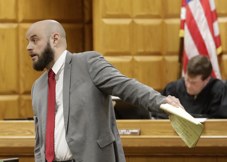 Assistant Attorney General Nathaniel Adamson delivers an opening statement in the trial Grand Chute Town Supervisor Ron Wolff in Outagamie County Circuit Court on Wednesday in Appleton. Wolff is charged with having private interest in a public contract, a Class I felony, for accepting a landscaping contract with Grand Chute while serving as a member of the town board.