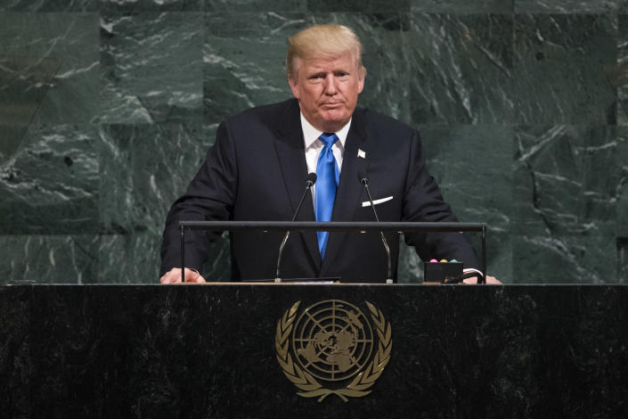 <p>President Trump addresses the United Nations General Assembly at U.N. headquarters, September 19, 2017 in New York City. (Photo: Drew Angerer/Getty Images) </p>