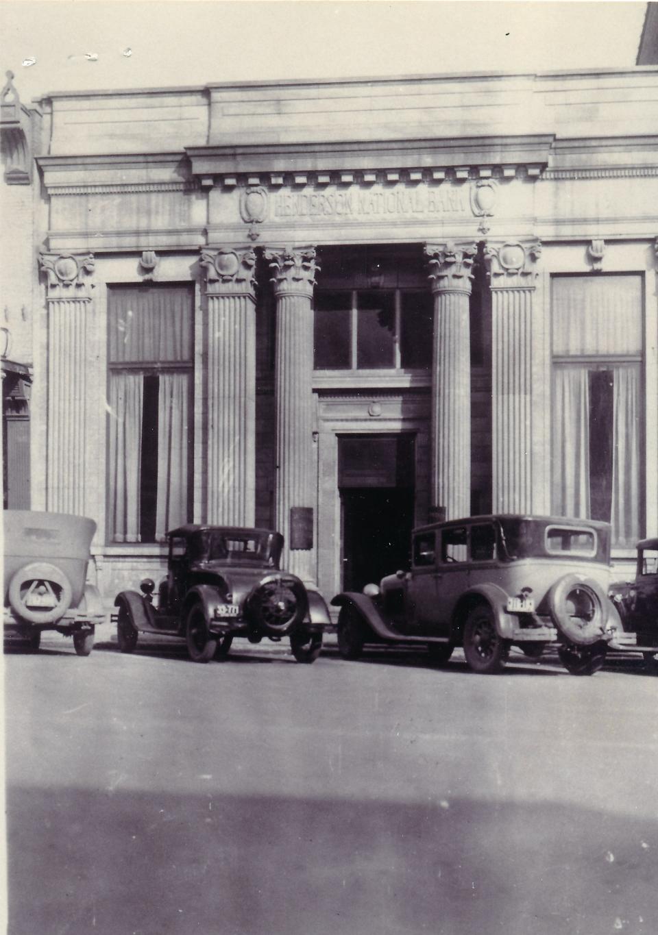 What originally was Henderson National Bank when it opened in late 1923 became First National Bank a decade later because of a reorganization. The building currently houses The Vault event venue.