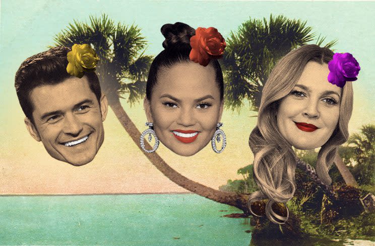 Orlando Bloom, Chrissy Teigen, and Drew Barrymore are among the spring breakers. (Photos: Getty Images/ Illustration: Danny Miller)