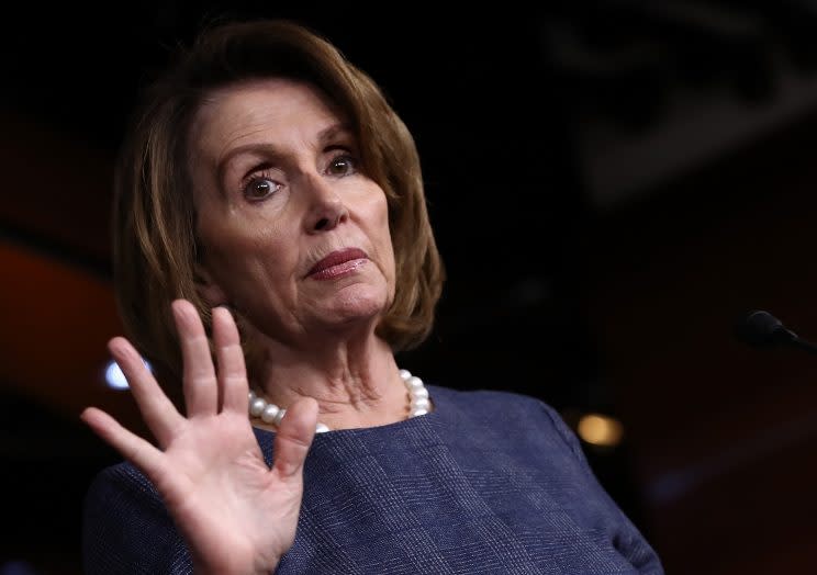 Pelosi fields health care questions in Washington, D.C., earlier this month. (Win McNamee/Getty Images)