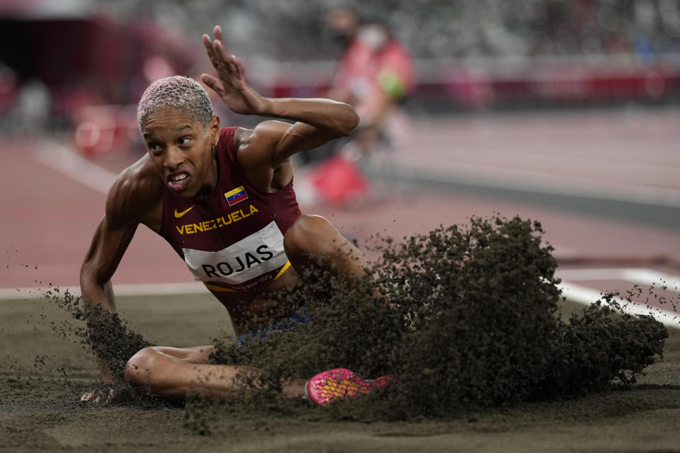 Yulimar Rojas, of Venezuela, competes in the final of the women's triple jump at the 2020 Summer Olympics, Sunday, Aug. 1, 2021, in Tokyo. (AP Photo/David J. Phillip)