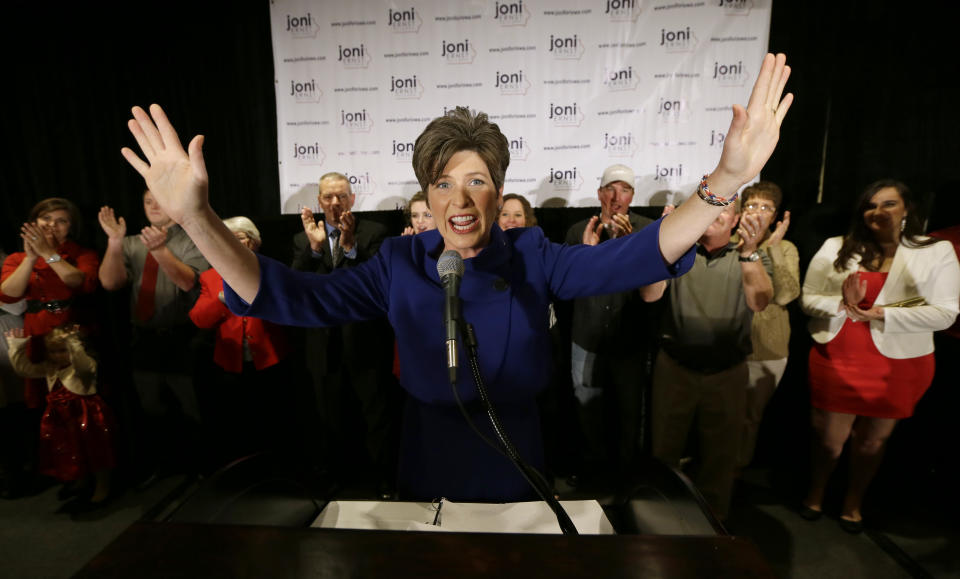 Joni Ernst speaks to supporters during an election night rally, Nov. 4, 2014. (Charlie Neibergall/AP)