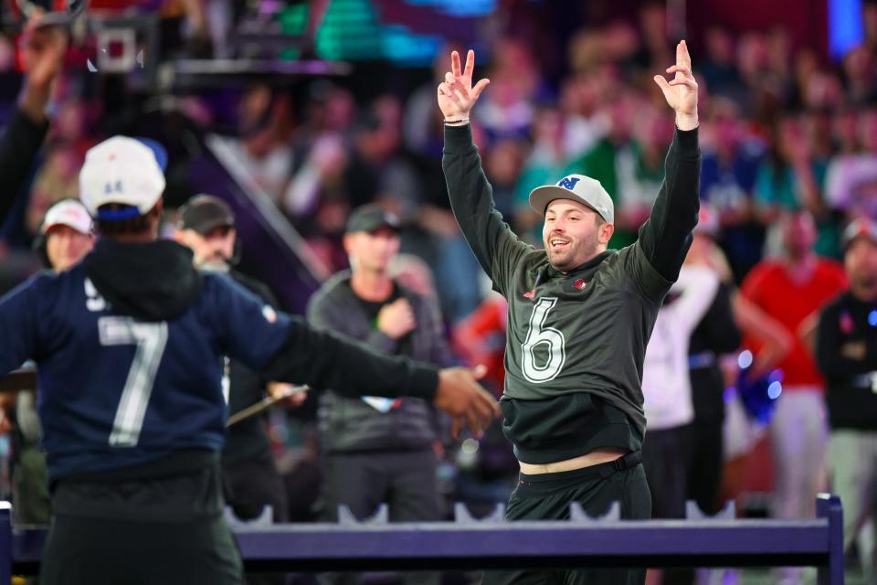 Tampa Bay Buccaneers QB Baker Mayfield reacts during the Pro Bowl Games at the UCF NIcholson Fieldhouse.