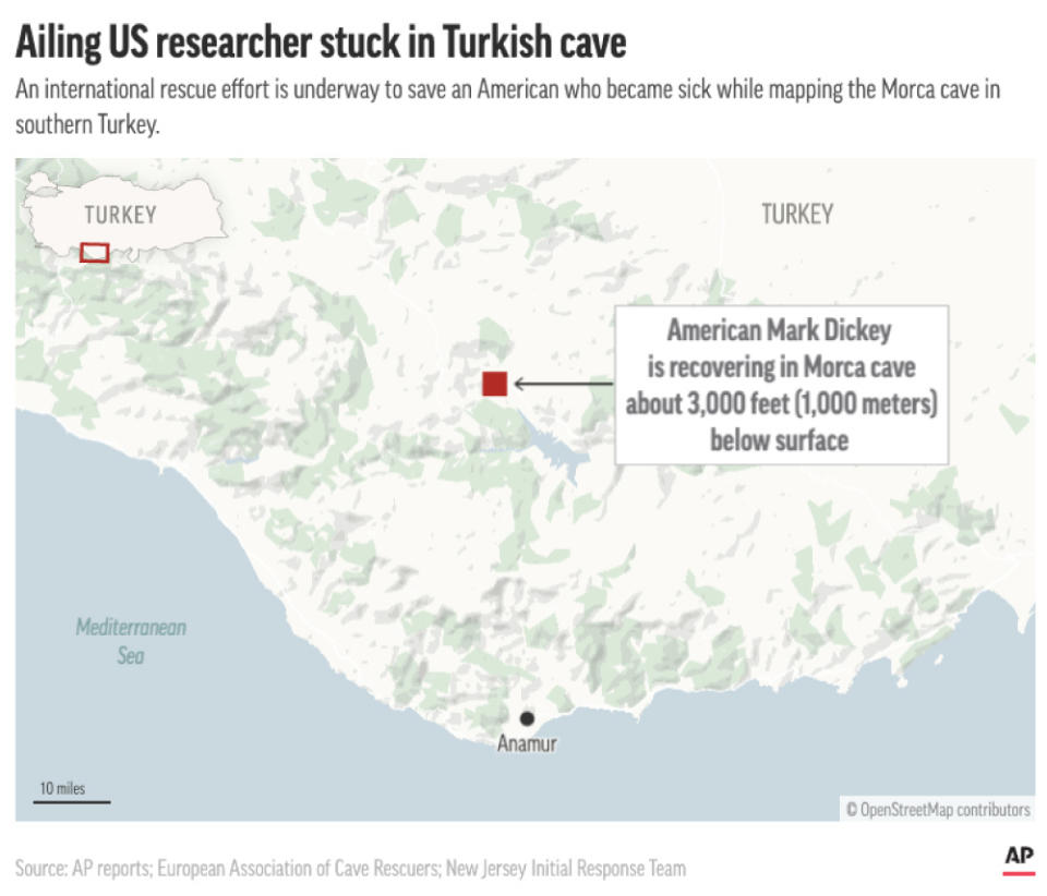 An American cave explorer mapping a Turkish cave became ill and is recovering thousands of feet below ground awaiting rescue. (AP Graphic)