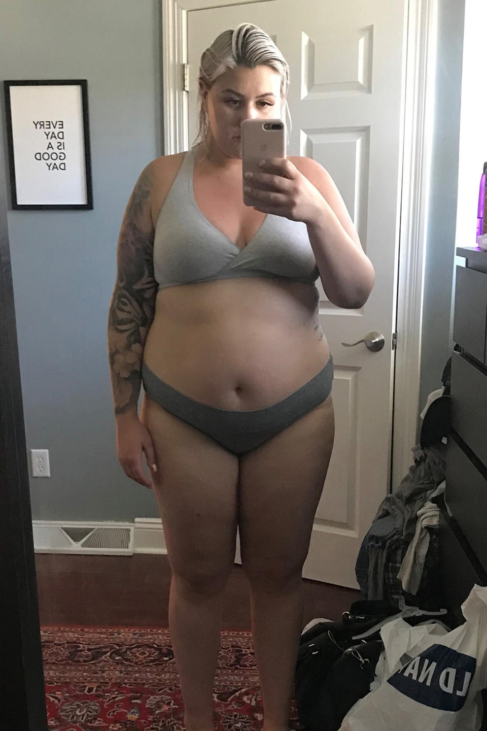 A mum has shared how she lost 57kg after being told by a sales assistant at a wedding dress shop to go to the plus-size section. Photo: @alicutsmyhair/CATERS NEWS