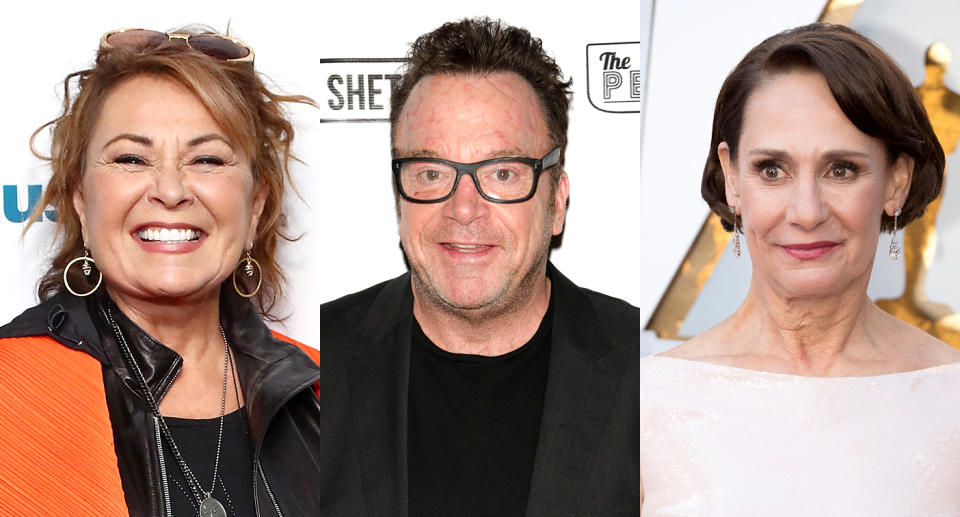 Roseanne Barr, Tom Arnold, and Laurie Metcalf. (Photo: Getty Images)