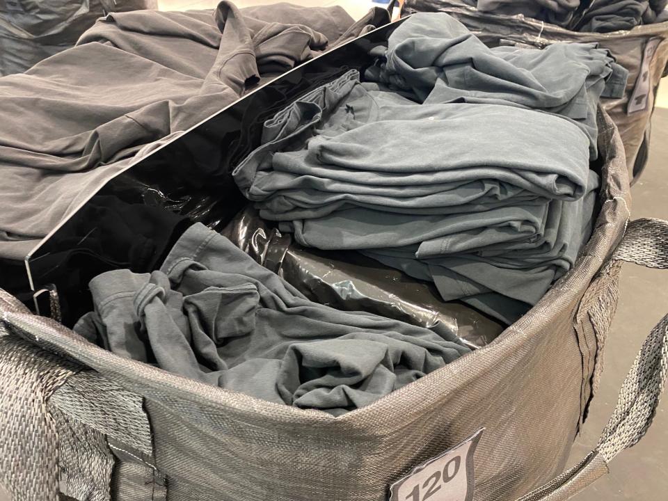 Plastic under piles of Yeezy clothes at a New Jersey Gap store on August 17, 2022.