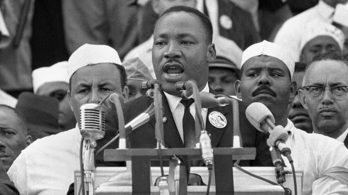 In this Aug. 28, 1963, file photo, Dr. Martin Luther King Jr. addresses marchers during his “I Have a Dream” speech at the Lincoln Memorial in Washington. This year marks the 60th anniversary of the event.(AP Photo, File)