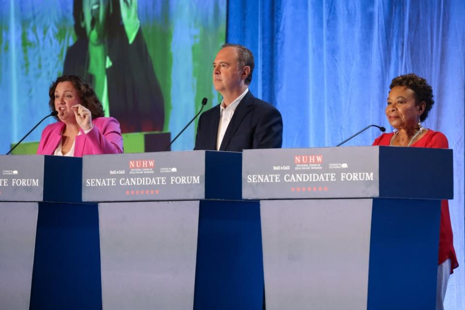 (Left to right) Rep. Katie Porter, Rep. Adam Schiff, and Rep. Barbara Lee, vying to fill the U.S. Senate seat of the late Sen. Dianne Feinstein of California, participate in a debate on Oct. 8, 2023, at Westing Bonaventure Hotel in Los Angeles. (Photo by Dania Maxwell / Los Angeles Times via Getty Images)