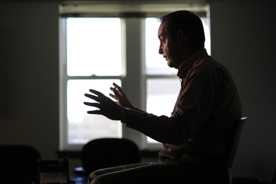 Cook County Sheriff's Commander Jason Moran talks Monday, Nov. 13, 2023, at his Maywood, Ill., office about the process in the postmortem identification of a person who self-identified as Seven. “Human identification is a mix of science and circumstance,” Moran, who has been with the sheriff's department for more than two decades, said of his work. “It makes it very interesting to learn about who they were. The passage of time creates these difficulties. So we do the best we can to piece together who they were in life.” (AP Photo/Charles Rex Arbogast)