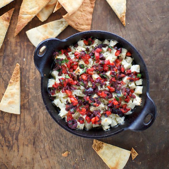 Roasted Feta Saganaki with Roasted Pepper and Olive Relish