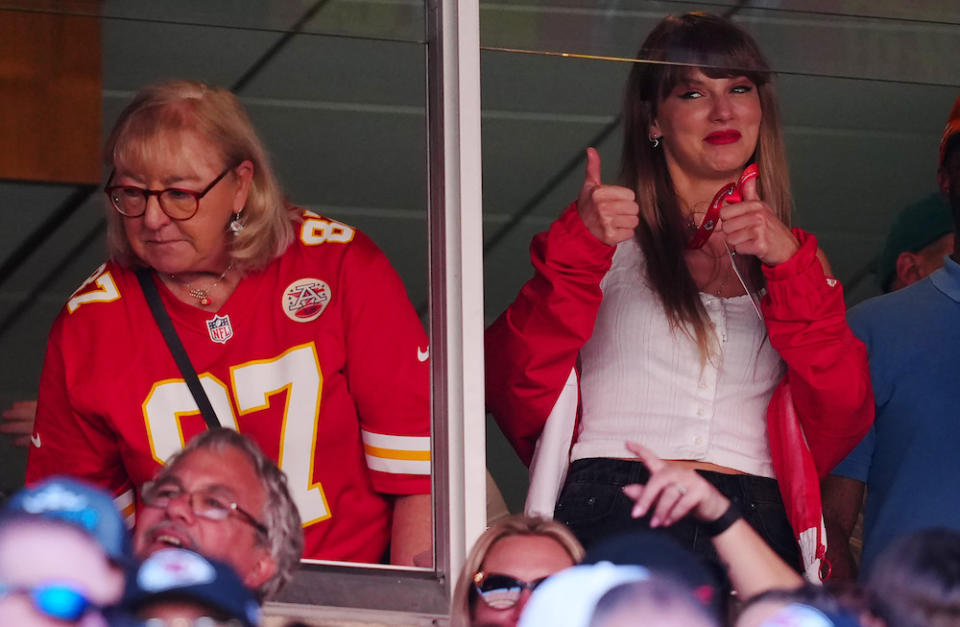 KANSAS CITY, MISSOURI - SEPTEMBER 24: Donna Kelce and Taylor Swift are seen during the first half of a game between the Chicago Bears and the Kansas City Chiefs at GEHA Field at Arrowhead Stadium on September 24, 2023 in Kansas City, Missouri. (Photo by Jason Hanna/Getty Images)