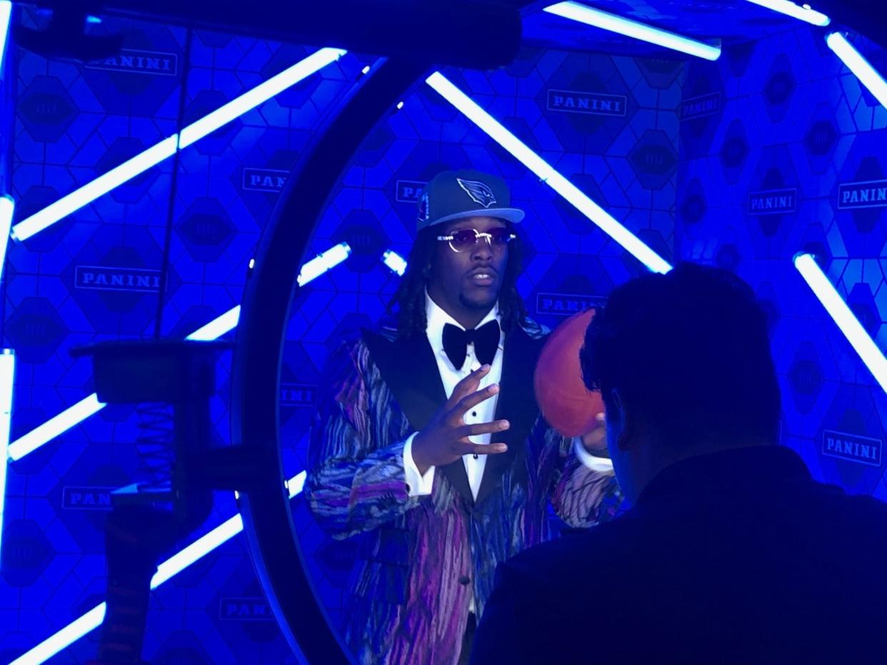 Arizona Cardinals draftee Darius Robinson poses for photos backstage at the 2024 NFL draft on Thursday, April 25, 2024, in Detroit.