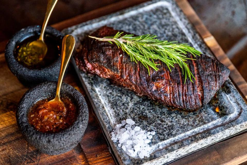 Like most of the steaks at Cuerno Bravo, the vacio, a flank cut popular in Argentina, is served on a sizzling hot stone, garnished with rosemary and salt. If instructed in full, staff advises you to move the steak to the board and lay slices back on the stone per your personal tastes.