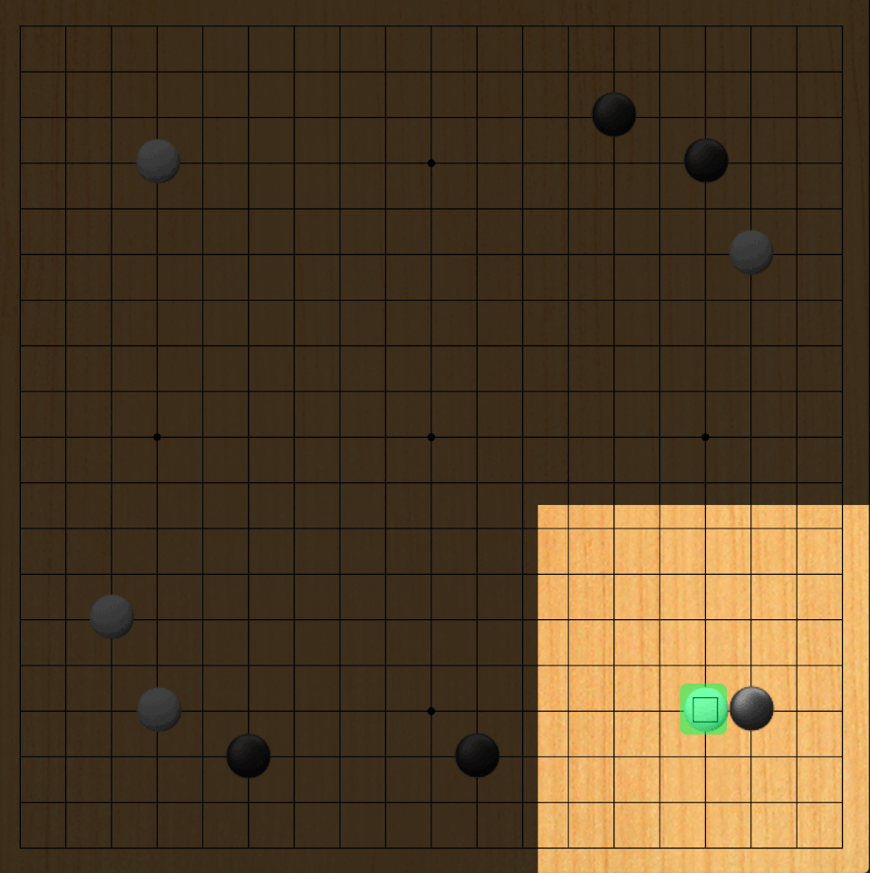 A white stone marked green is played next to a black stone in the bottom-right corner of the board and two alternate possibilities of black responses and white counter-responses occur.