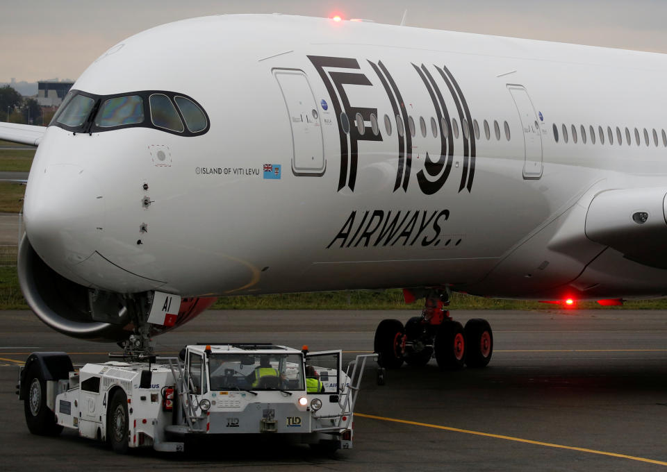 The first Airbus A350 XWB aircraft of Fiji Airways prepares to take off at the aircraft builder's headquarters of Airbus in Colomiers near Toulouse, France, November 15, 2019. REUTERS/Regis Duvignau