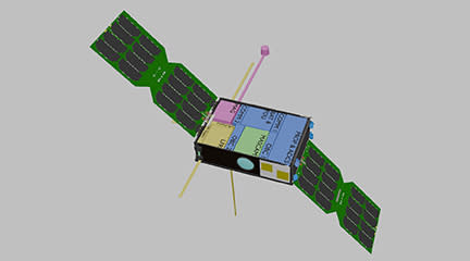 Ένα διάγραμμα ενός δορυφόρου με φτερά ηλιακού πάνελ.  Το κεντρικό αντικείμενο είναι ένα ορθογώνιο πρίσμα.