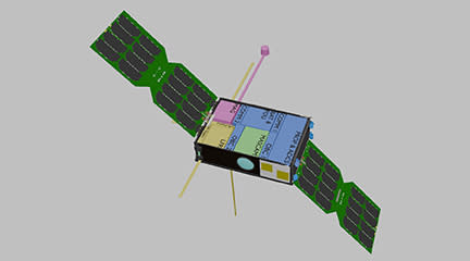 Illustration of a satellite with solar panel wings.  The central object is a rectangular prism.