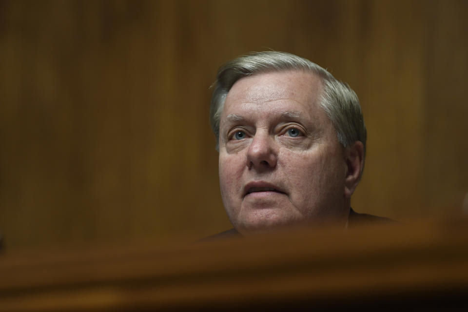 Senate Judiciary Committee Chairman Sen. Lindsey Graham, R-S.C., listens to testimony from Attorney General William Barr during a hearing on Capitol Hill in Washington, Wednesday, May 1, 2019. (AP Photo/Susan Walsh)