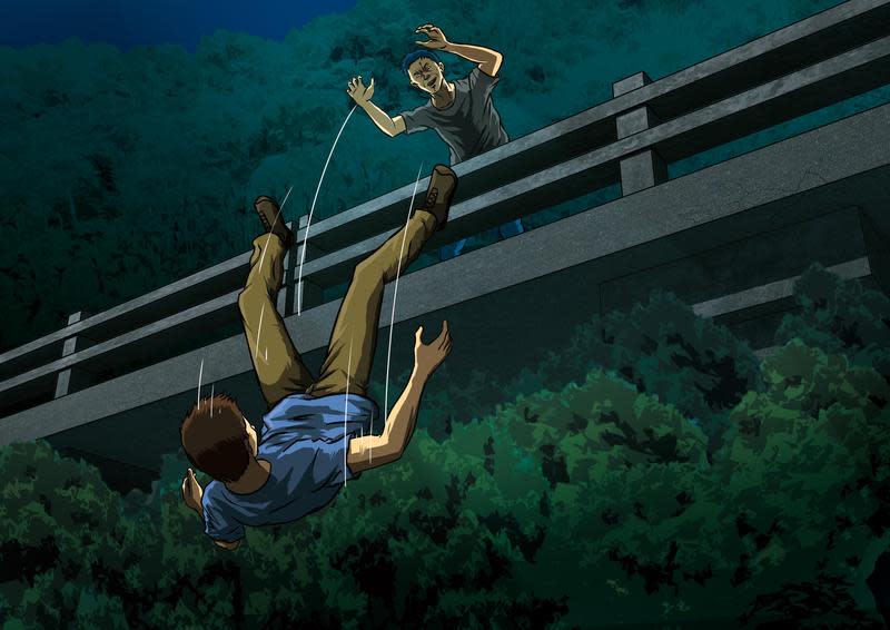 由於死者身材壯碩，黃正雄（右）搬不動，於是將屍體推落橋下棄屍。（示意畫面）