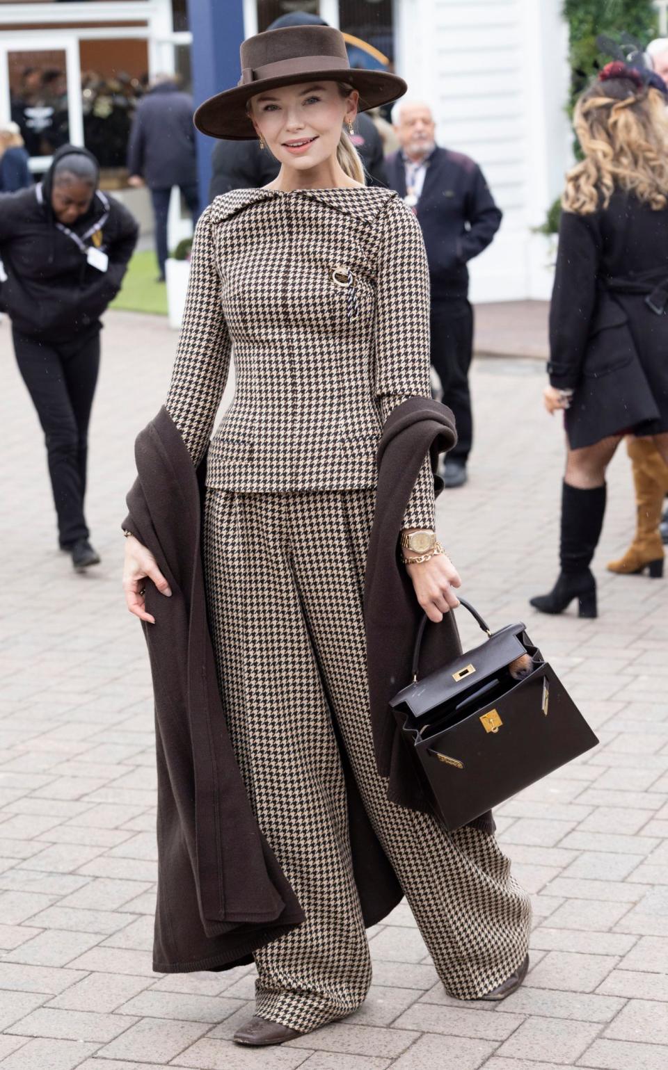 Reality TV star Georgia Toffolo attends Cheltenham Festival, 2023