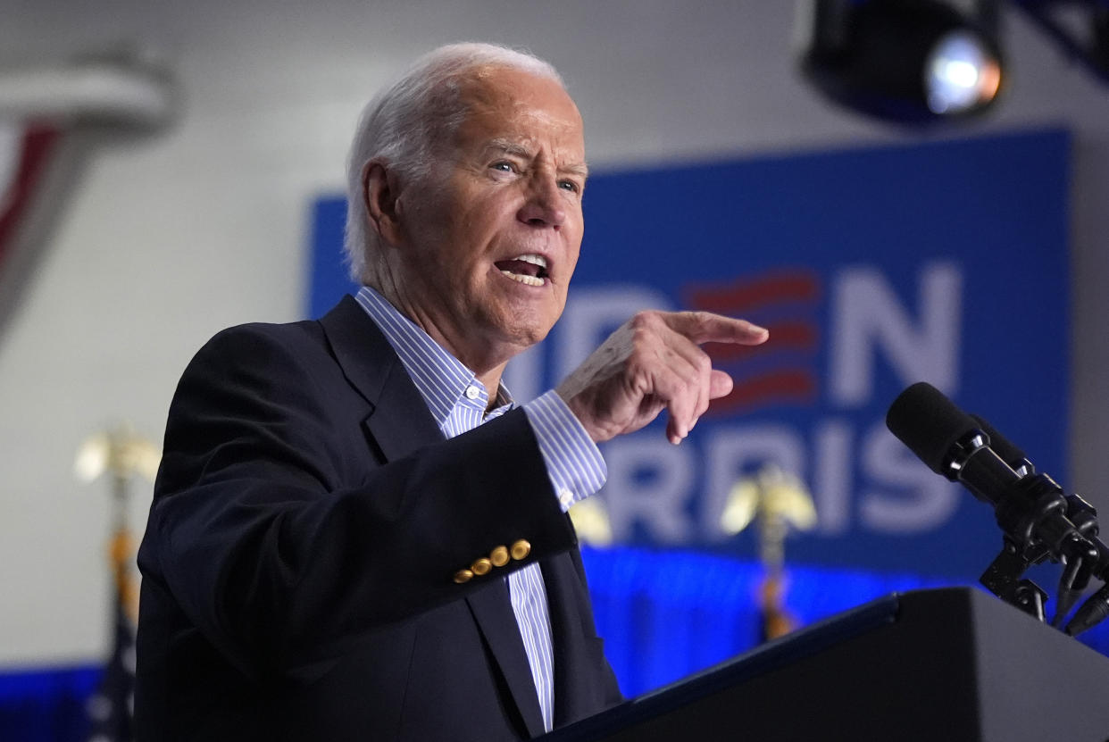 President Joe Biden speaks at a campaign rally at Sherman Middle School in Madison, Wis., Friday, July 5, 2024. (AP Photo/Manuel Balce Ceneta)