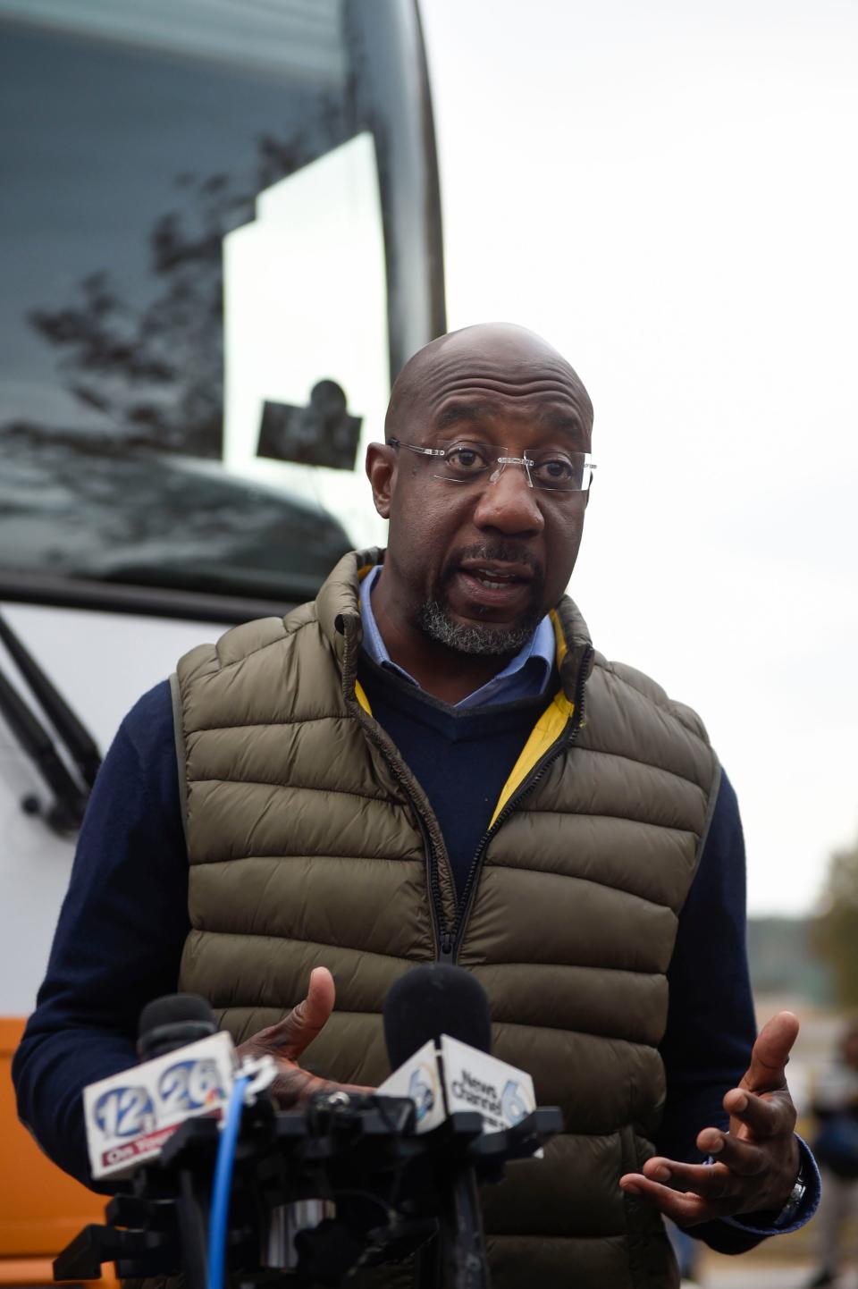 FILE - Sen. Raphael Warnock addressed the media after a rally at Diamond Lakes Regional Park in Augusta, Georgia on Saturday, Dec. 3, 2022. Warnock in May 2023 announced he is working with Senate colleagues to advance a bipartisan bill on rail safety.