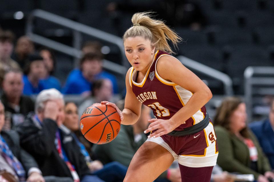 Gibson Southern High School junior Gabby Spink (15) races the ball up court during the second half of an IHSAA class 3A girls’ basketball state finals game against Norwell High School, Saturday, Feb. 24, 2024, at Gainbridge Fieldhouse, in Indianapolis. Gibson Southern won, 63-60.