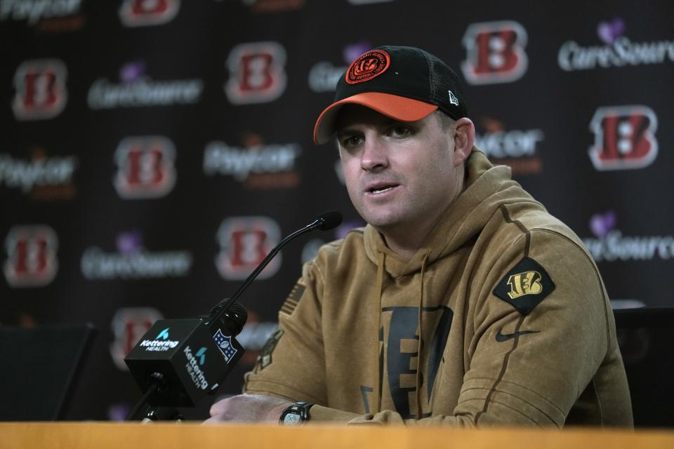 Cincinnati Bengals coach Zac Taylor answers a question after an NFL football game against the Houston Texans Sunday, Nov. 12, 2023, in Cincinnati. The Texans won 30-27. (AP Photo/Michael Conroy)