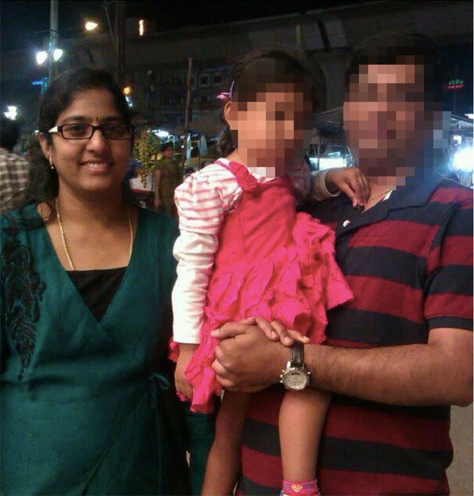 Supraja Srinivas, 31, is pictured with her husband, Gannaram Srinivas, and five-year-old daughter. Photo: Facebook
