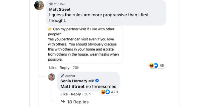 An MP’s Covid announcement quickly turned chaotic after she accidentally referenced threesomes, leaving her followers in stitches. Source: Facebook/Sonia Hornery MP