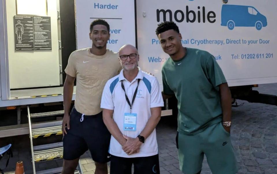 An image of Jude Bellingham and Ollie Watkins with the CryoLabs van