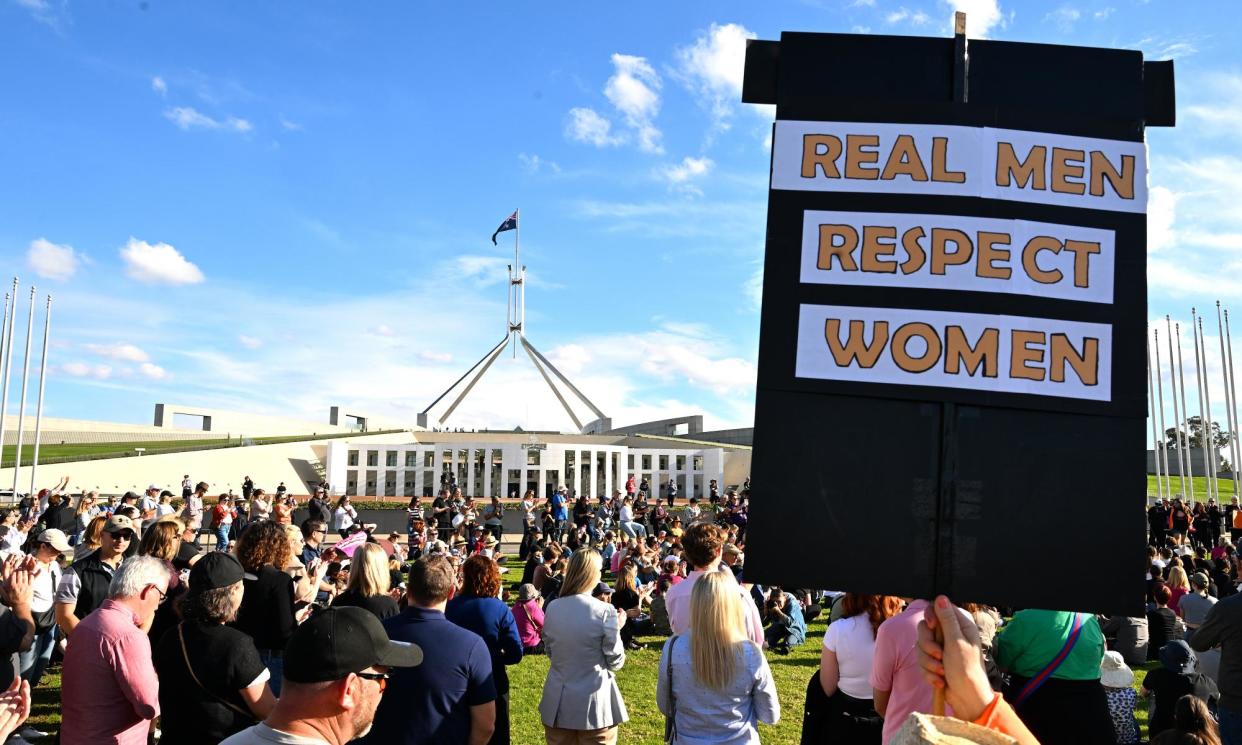 <span>Rally calling for action to end violence against women outside Parliament House in Canberra, 28 April, 2024. </span><span>Photograph: Lukas Coch/AAP</span>