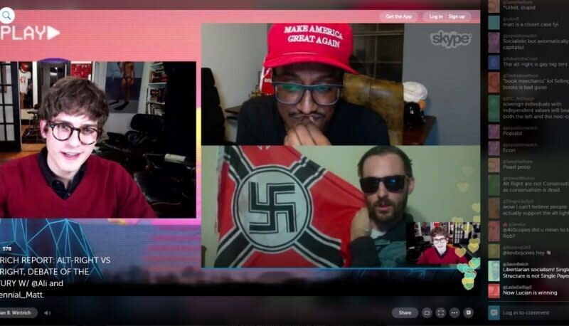 Lucian Wintrich and Ali Alexander host alt-right member Matt Colligan on Wintrich's podcast.  (Photo: Screenshot/Periscope)