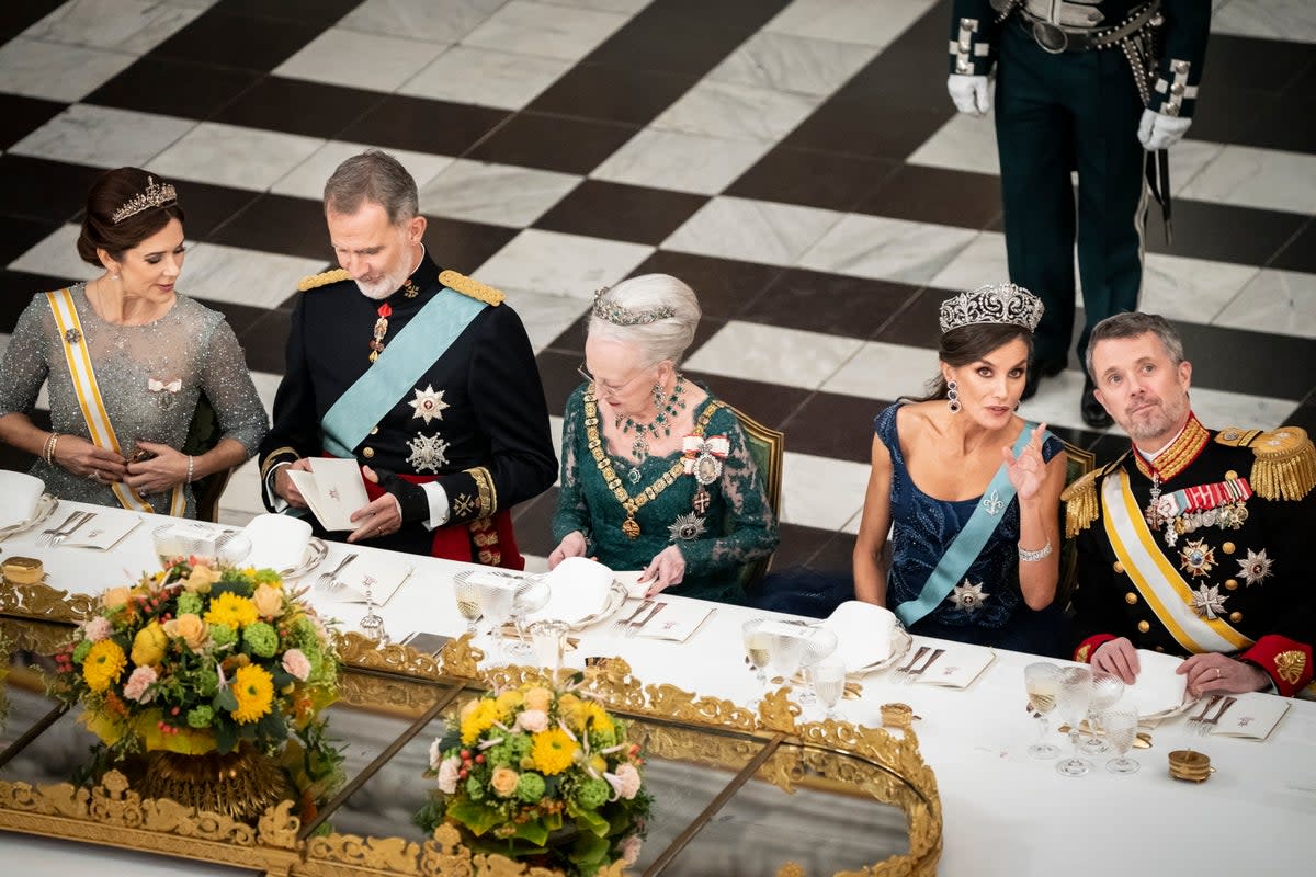 Danish Crown Prince Frederik (far right) will succeed Queen Margrethe II of Denmark (centre). They are pictured at a state banquet with Danish Crown Princess Mary, King Felipe VI of Spain and Queen Letizia of Spain (EPA)