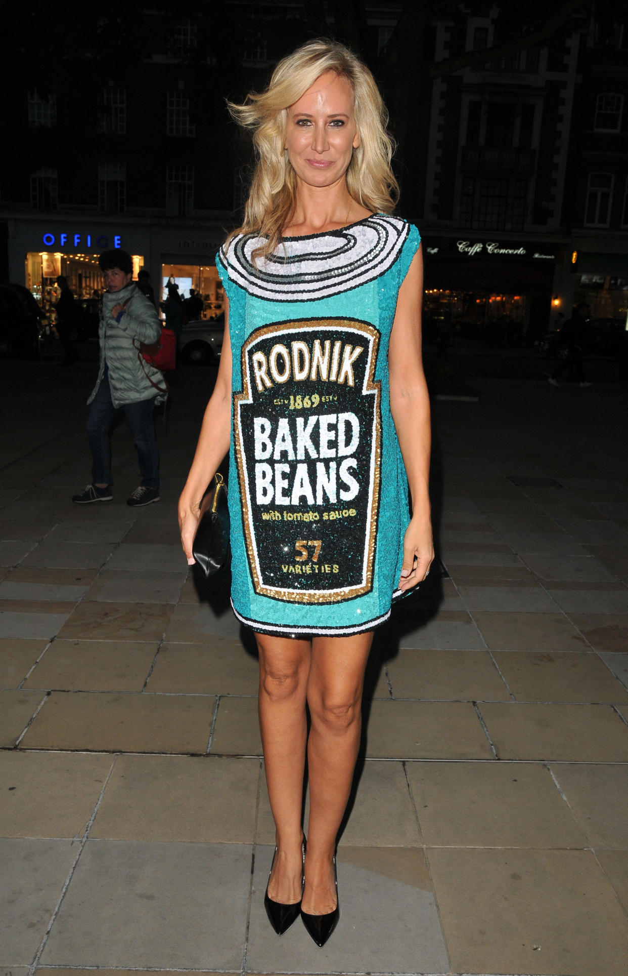 Lady Victoria Hervey wears a pop art inspired baked bean dress. [Photo: Rex]