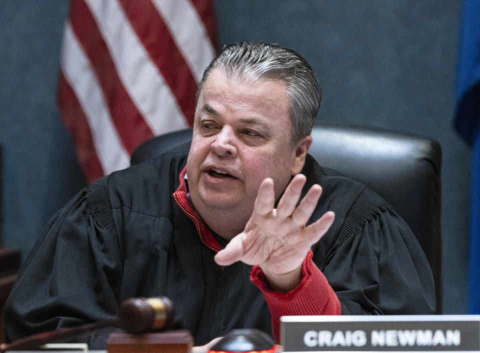 North Las Vegas Justice of the Peace Craig Newman presides during a bail hearing of former actor Nathan Lee Chasing His Horse, also known as Nathan Chasing Horse, at North Las Vegas Justice Court, on Wednesday, Feb. 8, 2023. A judge on Wednesday set bail at $300,000 for the former “Dances With Wolves” actor charged in Nevada with sexually abusing and trafficking Indigenous women and girls. Newman said Nathan Chasing Horse must stay with a relative if he is released from jail. (Bizuayehu Tesfaye/Las Vegas Review-Journal via AP)