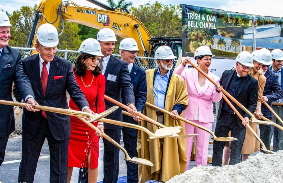 Guests joined philanthropists Trish and Dan Bell (second and third from left) and FIU President Kenneth A. Jessell during the groundbreaking ceremony for the Trish and Dan Bell Chapel at Florida International University on Wednesday, April 19, 2023.