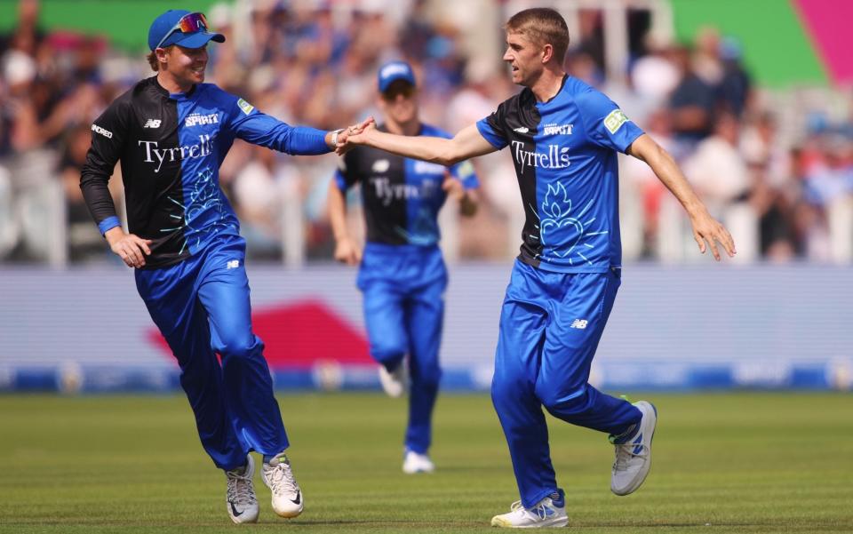 London Spirit's Olly Stone celebrates dismissing Tom Kohler-Cadmore, of Welsh Fire, in the Hundred at Lord's/