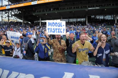Oct 1, 2018; Chicago, IL, USA; Milwaukee Brewers fans celebrate after defeating the Chicago Cubs in the National League Central division tiebreaker game at Wrigley Field. Mandatory Credit: Patrick Gorski-USA TODAY Sports