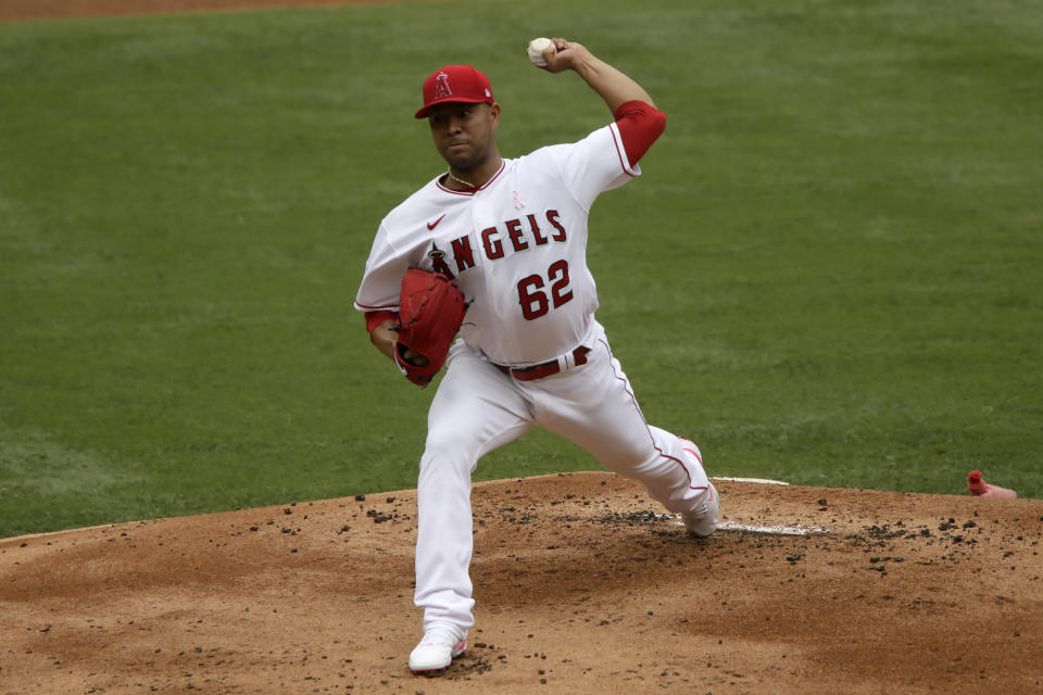 Los Angeles Angels starting pitcher Jose Quintana throws to a Los Angeles Dodgers batter during the first inning of a baseball game in Anaheim, Calif., Sunday, May 9, 2021. (AP Photo/Alex Gallardo)