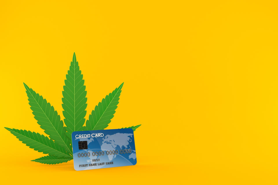 A credit card perched against a cannabis leaf.