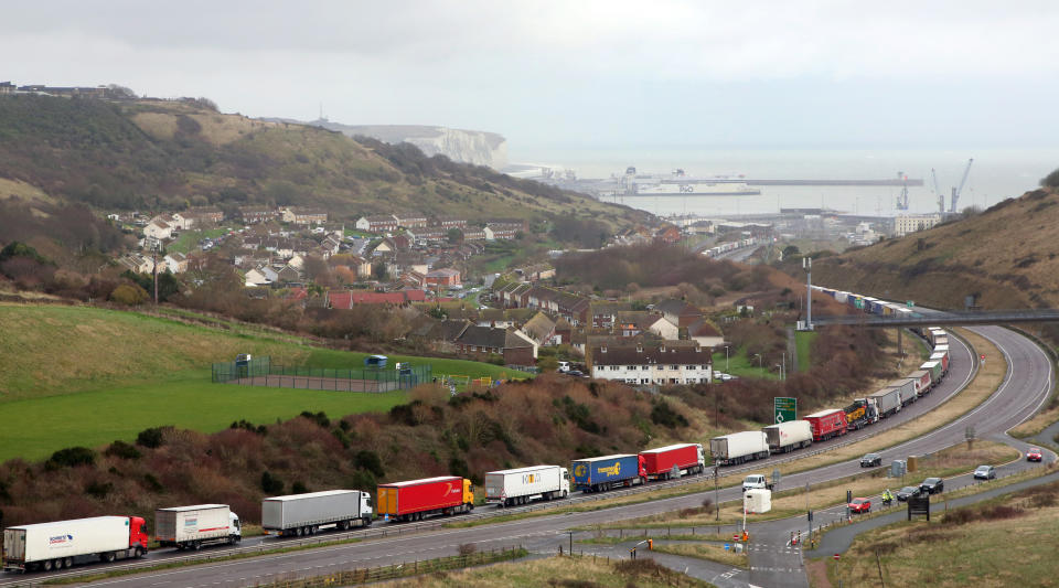 Lorries queue on the A20 to enter the port of Dover in Kent. Christmas stockpiling and Brexit uncertainty have again caused huge queues of lorries to stack up in Kent. The latest delays came as the UK marked less than two weeks until 2021 and the end of the Brexit transition period.