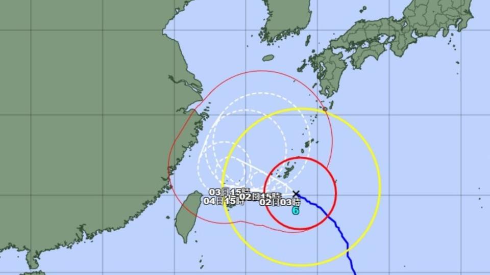 日本氣象廳預測卡努颱風會在1日夜間至2日最接近沖繩。（圖／翻攝自氣象廳網站）