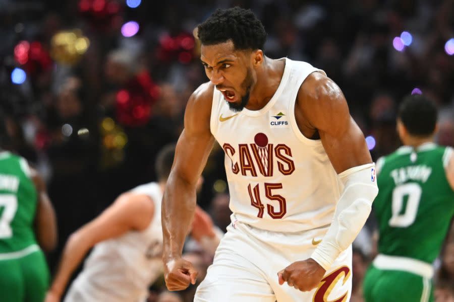 CLEVELAND, OHIO – MAY 11: <a class="link " href="https://sports.yahoo.com/nba/players/6267/" data-i13n="sec:content-canvas;subsec:anchor_text;elm:context_link" data-ylk="slk:Max Strus;sec:content-canvas;subsec:anchor_text;elm:context_link;itc:0">Max Strus</a> #1 of the Cleveland Cavaliers celebrates after scoring a basket against the Boston Celtics during the second quarter in Game Three of the Eastern Conference Second Round Playoffs at Rocket Mortgage Fieldhouse on May 11, 2024 in Cleveland, Ohio. NOTE TO USER: User expressly acknowledges and agrees that, by downloading and or using this photograph, User is consenting to the terms and conditions of the Getty Images License Agreement. (Photo by Jason Miller/Getty Images)