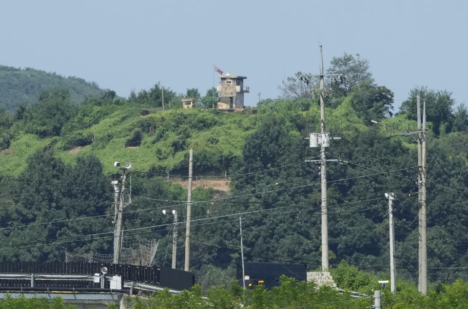 A North Korean military guard post is seen in Paju, South Korea, near the border with North Korea, Friday, Sept. 8, 2023. North Korea said Friday it has christened a purported nuclear attack submarine it has been developing for years, a step leader Kim Jong Un described as crucial in his efforts to build a nuclear-armed navy to counter the United States and its Asian allies. (AP Photo/Ahn Young-joon)