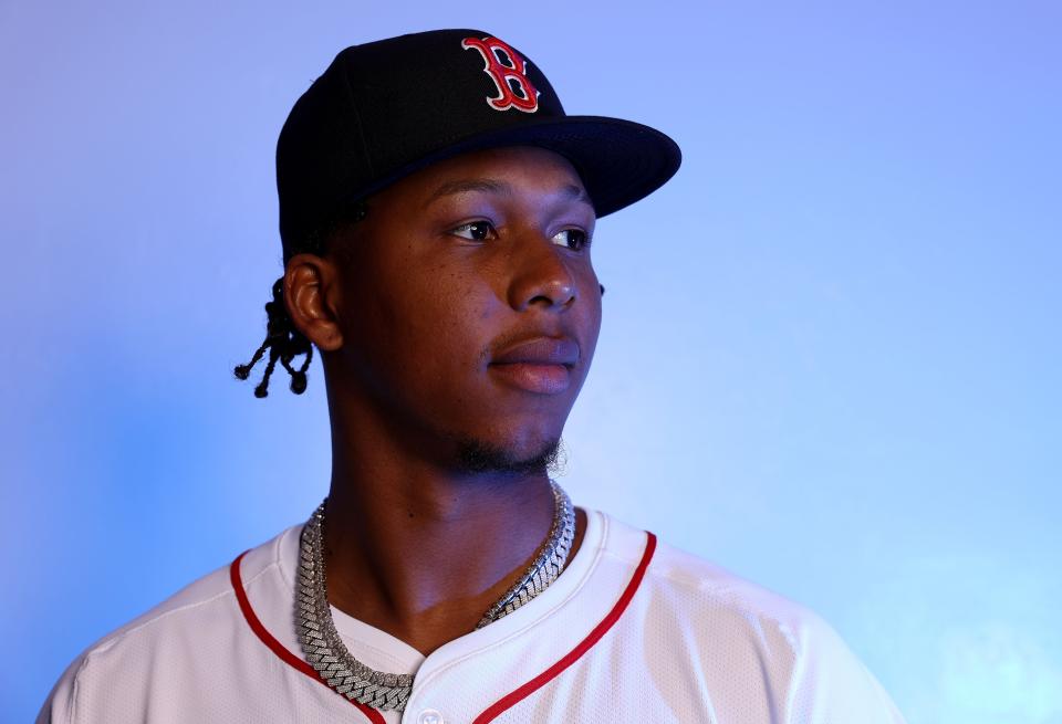 FORT MYERS, FLORIDA - FEBRUARY 20:  Brayan Bello #66 of the Boston Red Sox poses for a portrait at JetBlue Park at Fenway South on February 20, 2024 in Fort Myers, Florida. (Photo by Elsa/Getty Images)